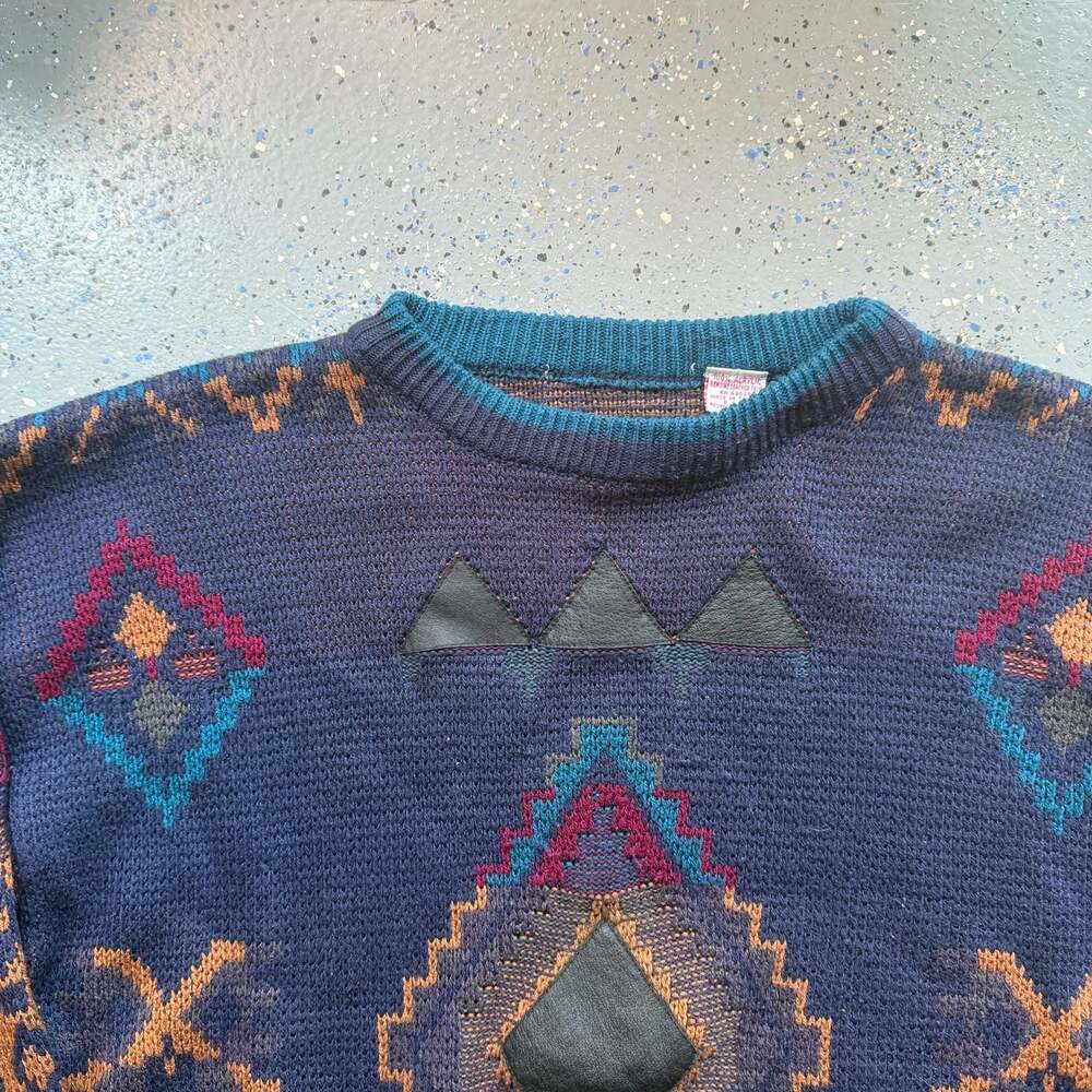 Vintage 90s Southwestern Aztec Print Crewneck Sweater with Leather Trim - Picture 6 of 7